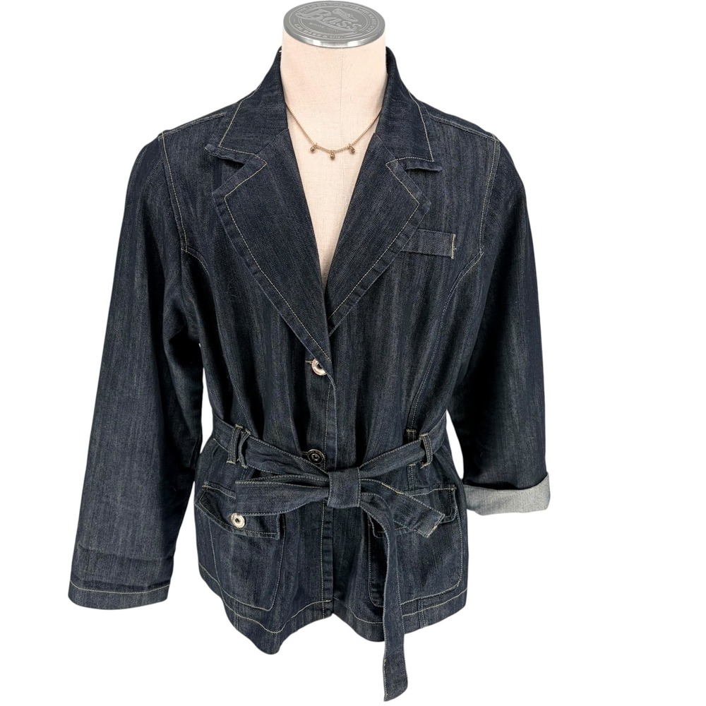 Baccini Denim Blazer Jacket 2X Dark Wash Belted Safari Utility Contrast Stitch